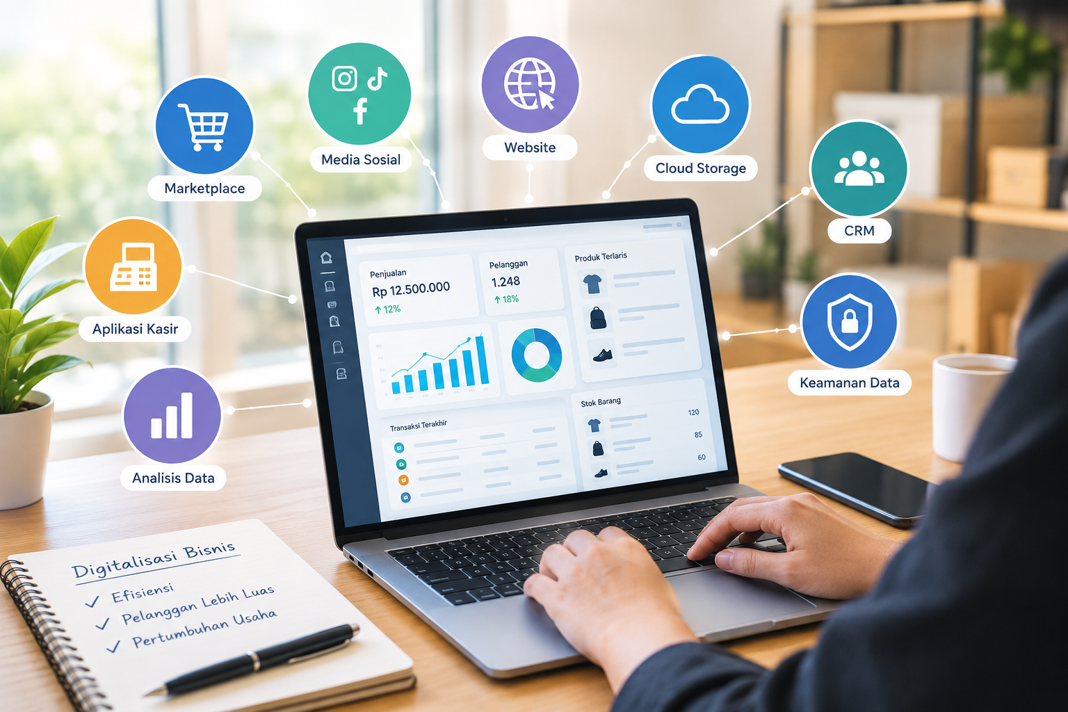 Ilustrasi strategi digitalisasi bisnis untuk meningkatkan efisiensi dan menjangkau pelanggan