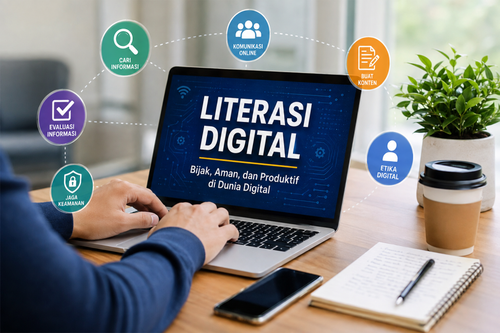Ilustrasi literasi digital untuk menggunakan teknologi secara bijak, aman, dan produktif